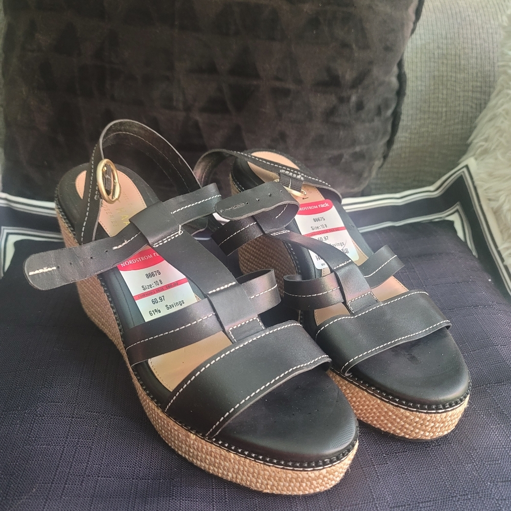 Cole Haan Black and Tan Wedge Sandals